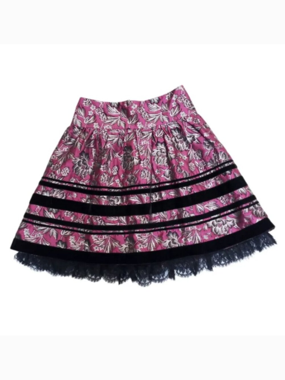 Nanette Lepore Skirt Black Velvet Purple Silver Floral Brocade Lace Whimsigoth 2
